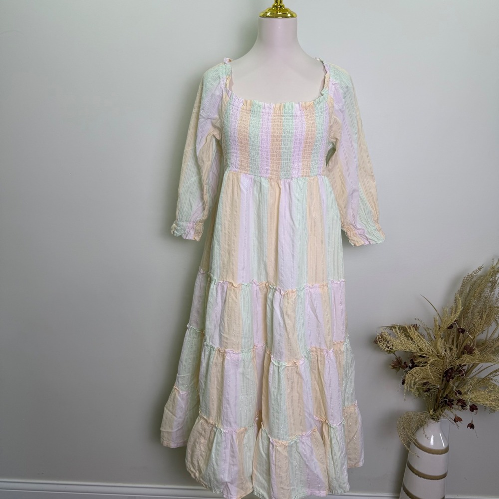 Crown & Ivy Womens Medium Pastel Stripe Smocked Tiered Midi Dress Cottagecore